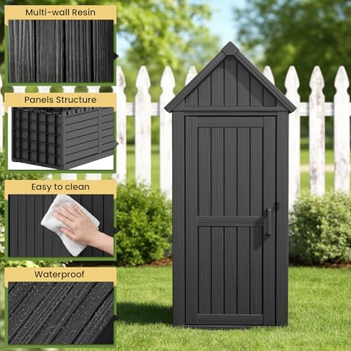 Fancyango Outdoor Resin Storage Cabinet Sturdy All-Weather Shed with Removable Shelves Lock Ring & Reinforced Floor – for Garden Patio Lawn (Black)