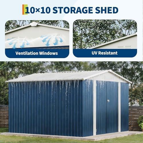 Garvee 10x10 FT Metal Storage Shed – Lockable Doors, Floor Frame, Blue