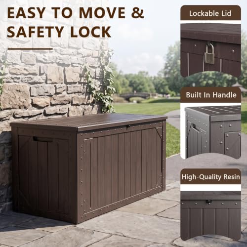 100 Gallon Outdoor Storage Box, Waterproof Large Resin Deck Box Lockable, Outside Storage Bin for Backyard Porch Patio Furniture Garden Tools, Brown