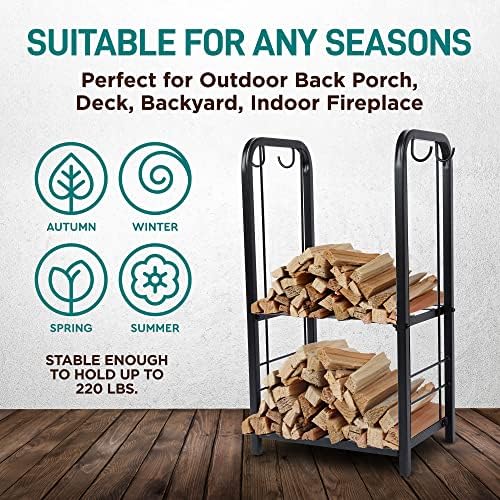 SereneLife Heavy Duty Firewood Rack Holder, Metal Log Storage Organizer with Shelves & Fireplace Tools, Black Powder Coated Wood Stacker for Indoor Fireplace, Outdoor Patio, Deck, Backyard