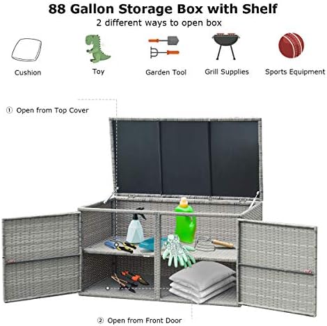 Tangkula Outdoor Wicker Storage Box, Garden Deck Bin with Steel Frame, Rattan Storage Box with Lid, Ideal for Storing Tools, Accessories, 88 Gallon Capacity (Grey)
