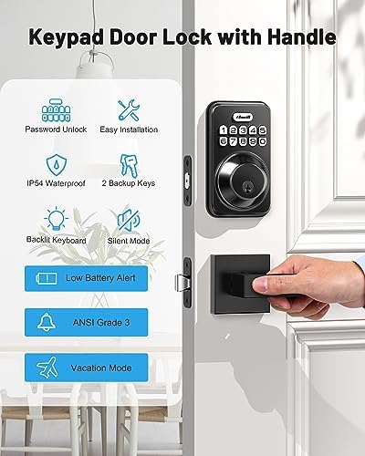 Zowill Keyless Entry Keypad Deadbolt Lock with Handles, Matte Black