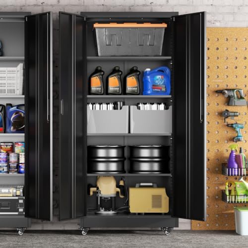 Greenvelly Metal Storage Cabinet with 4 Swivel Wheels,73" H Black Garage Storage Cabinet with Wheels, Rolling Tool Cabinet with Locking Doors and Shelves for Home,Basement, Kitchen Pantry,Warehouse