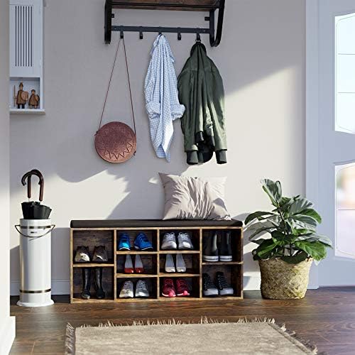 VASAGLE CUSTOS Collection - Shoe Bench, Storage Bench with Padded Seat, Entryway Bench with 10 Compartments, for Bedroom, 11.8 x 40.9 x 18.9 Inches, Rustic Brown and Chestnut Brown ULHS010X01