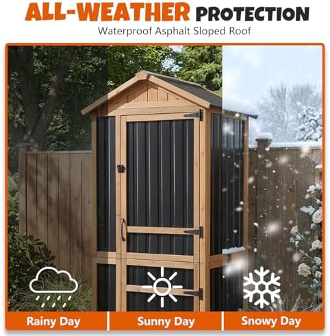 4-Tier Metal & Wood Outdoor Storage Cabinet with Reinforced Frame, Weatherproof Asphalt Roof, Adjustable Shelves, Lockable Doors for Patio, Garden, Garage Organization