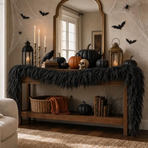 Black Halloween Mantle Garland Decor Gothic Garlands for Decorations 6Ft Fireplace Indoor Home Fall Decoration