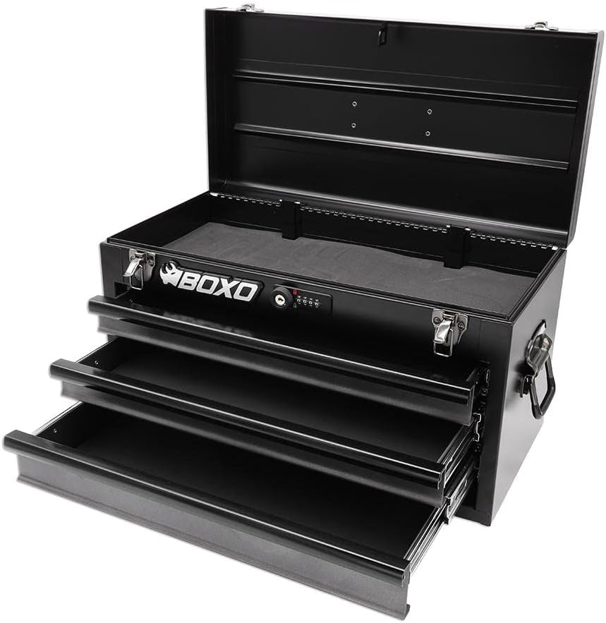 Boxo USA 3-Drawer Hand Carry Toolbox – Heavy Duty 20-Gauge Steel Portable Tool Box with Ball Bearing Drawers, Dual Key & Combination Lock, Powder-Coated Finish (Black)