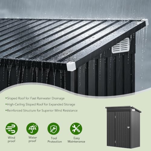 MXV 5x3 FT Outdoor Metal Storage Shed, Lockable Galvanized Steel Tool House with Sloped Roof, Waterproof Shed for Backyard, Garden, Patio, Black