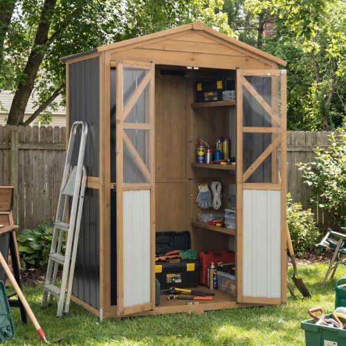 Outdoor Storage Cabinet Wooden Garden Shed with Shelves Lockable Doors