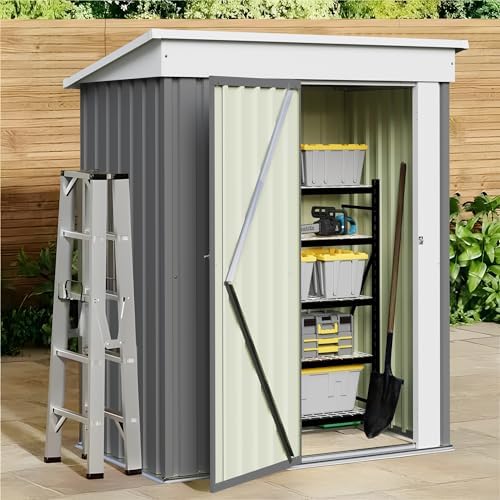 JUMMICO Metal Outdoor Storage Shed 5 x 3 FT Metal Shed with Lockable Door,Waterproof Garden Tool Shed Storage House for Backyard Patio Lawn,Grey