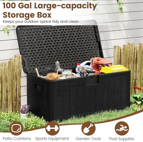 GIANTEX 100 Gallon Deck Box, Waterproof Resin Box with Lockable Lid, 440Lbs Outdoor HDPE Storage Container Bench for Patio Furniture Cushions, Pool Tools & Garden Accessories (Black)