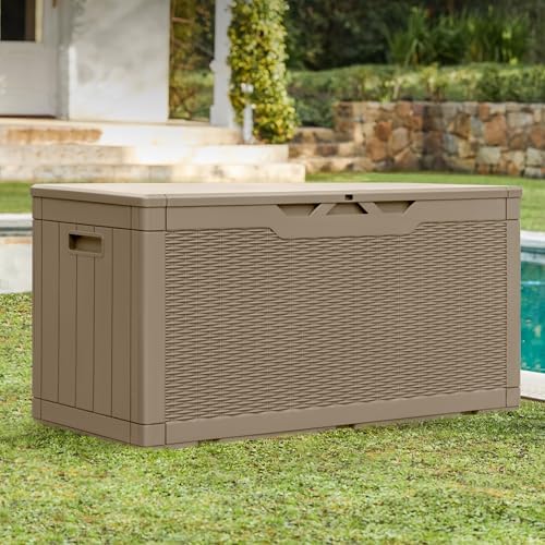 Greesum 100 Gallon Resin Patio Storage Box for Garden Tools, Coffee