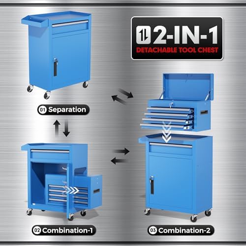 INTERGREAT Rolling Tool Chest, 5-Drawer Tool Box Organizer, Lockable Wheels & Sliding Drawers & Detachable Top, Tool Storage Cabinet for Garage Workshop (Blue)