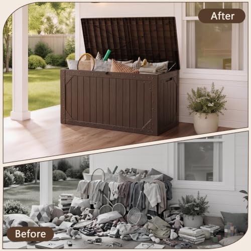 100 Gallon Outdoor Storage Box, Waterproof Large Resin Deck Box Lockable, Outside Storage Bin for Backyard Porch Patio Furniture Garden Tools, Brown