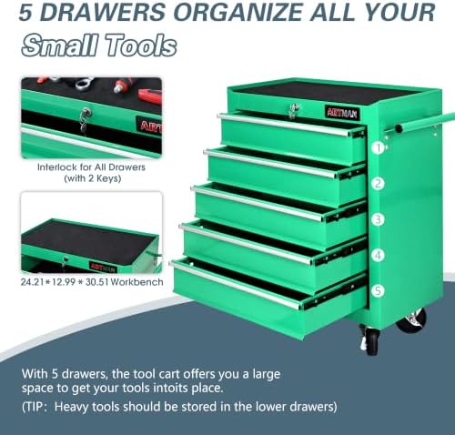 5 Drawers Rolling Tool Chest on Wheels, Multifunctional Tool Cart Tool Storage, Drawers Rolling Tool Trolley Organizer Tool Case for Garage,Warehouse,Workshop,Repair Shop (5 Drawers-Green)