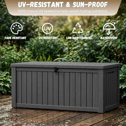 EasyUp 220 Gallon Deck Box Waterproof Lockable Outside Storage Box, Black