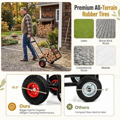 Goplus Firewood Cart with Wheels, Outdoor Indoor Rolling Fire Wood Log Cart with Pneumatic Rubber Tiers, 220 LBS Load Capacity Heavy Duty Steel Wood Storage Hauler, Log Holder Rack for Fireplace