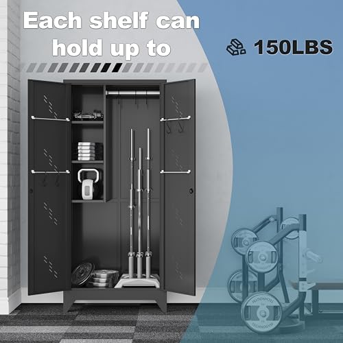 VASAAOSD Metal Garage Storage Cabinet, 75” Cleaning Tool Cabinet with Hooks and Hanging Rods, Heavy Duty Garden Tool Organizer, Broom Cabinets for Home, Garage, Laundry Room, Gym, Workshop