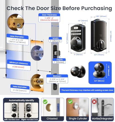 Veise VE012W-K WiFi Fingerprint Smart Lock with 2 Knob Set, Matte Black