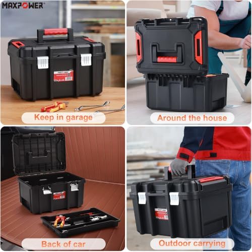 MAXPOWER 16-inch Stackable Tool Box, 10" H, Metal Latches, Removable Tray