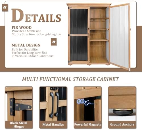 46" L Large Outdoor Storage Cabinet with Shelves, Wood & Metal Storage Shed Weather-Resistant, Outside Storage Cabinet for Garage Patio Backyard Garden with Waterproof Roof