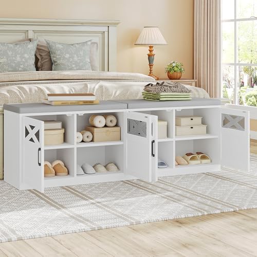 Hzuaneri 59" Shoe Storage Bench with 4 Barn Doors & Padded Seat Cushion
