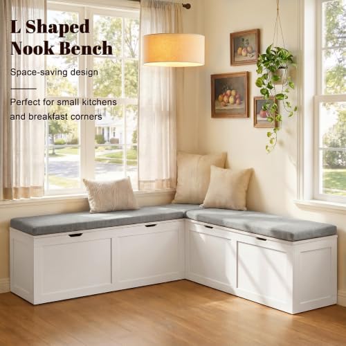 63” Breakfast Nook Bench, L Shaped Storage Bench with Cushion, White