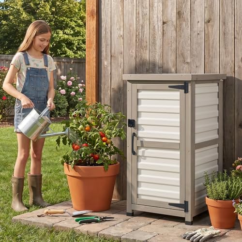 Small Outdoor Storage Cabinet with Waterproof Metal Top, White Wood & Plastic Potting Bench Table with Removable Shelf, Outside Cabinets Work Station for Patio, Balcony,17.9''x17.9''x33.5''
