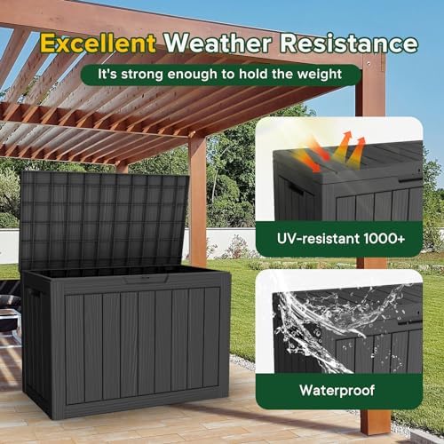 44 Gallon Outdoor Deck Box, Lockable Waterproof Outdoor Storage Boxes For Garden Tools,Indoor Cushions,Accessories Outside Storage Resin Weatherproof Container(Black)