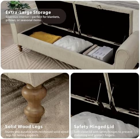 Storage Bench for Bedroom, 65.2'' Tufted End of Bed King Size Upholstered Extra-Long Bench with Dual Flip-Top Lids for Entryway, Hallway, Cloakroom, Window, Griege.