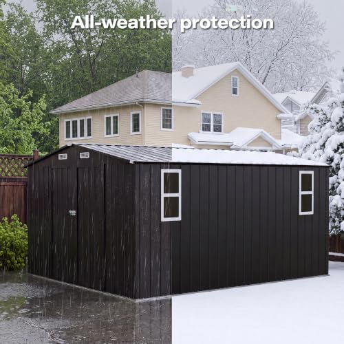 LAUSAINT HOME 10 x 12 FT Outdoor Storage Shed with Windows, Heavy Duty Galvanized Steel Storage Shed with Double Lockable Doors, Gable Roof & Air Vent for Backyard, Black