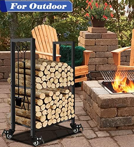 Koutemie Firewood Rack Indoor, 2 Tier Small Firewood Holder with Wheels