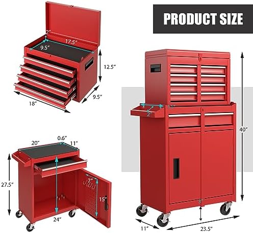 Goplus Tool Chest, 5 Drawers Rolling Tool Cabinet with Detachable Top Toolbox, Universal Lockable Wheels, Lock Bar, Protective Liner & Tool Rack, Metal Tool Storage Cart, Tool Box for Garage Workshop