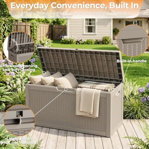 Resin Deck Box Outdoor Storage Box Waterproof for Patio Furniture,Outdoor Cushions,Garden Tools and Pool Supplies (Grey, 70 Gallon)