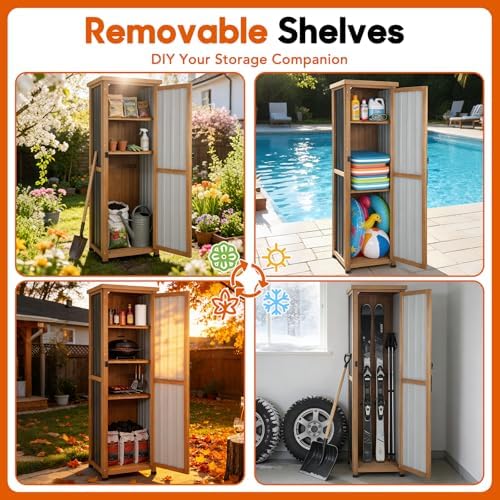 Outdoor Storage Cabinet, Wood & Metal Storage Shed with Weatherproof Roof, 3 Removable Shelves, Lockable Door, Adjustable Feet, Outside Storage Cabinet for Garage, Patio, Backyard