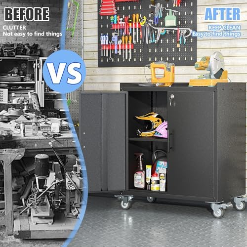 35.6" Rolling Metal Garage Storage Cabinet with Wheels & Lock, Black Gray
