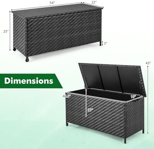 Tangkula Tightly-Woven Rattan Deck Box, Patiojoy Storage Cabinet Container with Polyester Liner, Universal Wheels & Gas Strut, 85 Gallon Indoor Outdoor Storage Box for Pillows, Cushions (Black)
