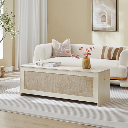 51.2" Storage Chest Large,Wooden Rattan Storage Bench.(White Cream)
