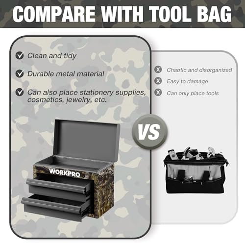 WORKPRO Metal Mini Tool Box with 2 Drawers and Top Storage
