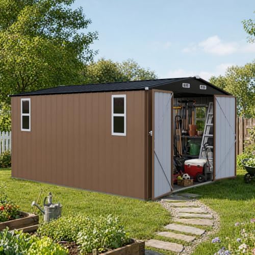 LAUSAINT HOME 10 x 12 FT Outdoor Storage Shed with Windows, Heavy Duty Galvanized Steel Storage Shed with Double Lockable Doors, Gable Roof & Air Vent for Backyard & Patio, Brown