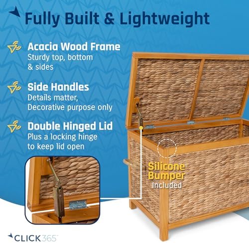Click365 Wilson Wicker Storage Trunk with Lid, 30 Inch Handwoven Water Hyacinth Storage Chest with Acacia Wood Frame, Farmhouse Blanket Basket for Living Room, Bedroom or Entryway, Natural Brown