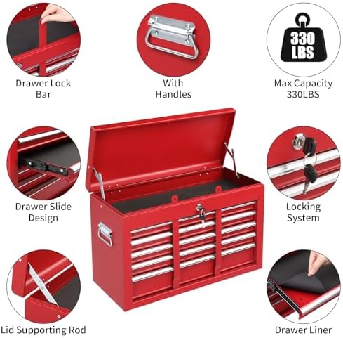 Winado 24" Metal Portable Tool Box with 5 Drawers, Lockable, Red
