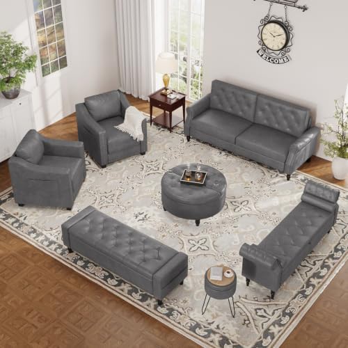 60" Storage Ottoman Bench, Faux Leather Upholstered Bed Bench, Grey