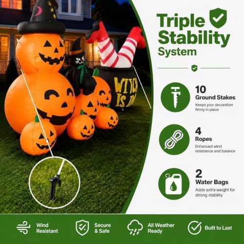 9FT Giant Halloween Inflatables Pumpkins with Witch Outdoor Decorations, Blow Ups 7 PCS Pumpkins with Build-in LED Lights, Funny Yard Garden Decoration for Halloween Party Indoor Outdoor
