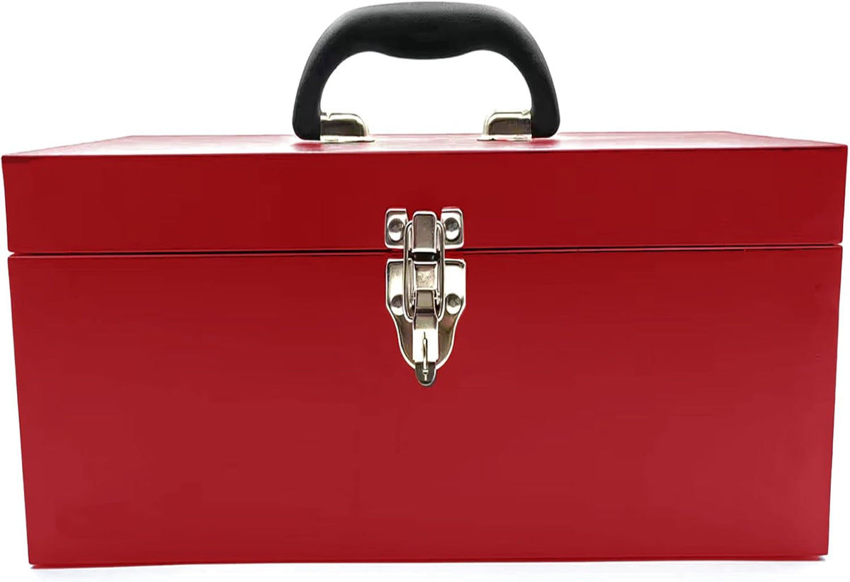 16" Portable Metal Toolbox Large Tool Box 18-Gauge Fishing Tackle Box Stee Tool Box Drawer Organizer With Metal Latch and Handle Red