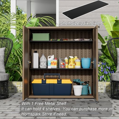 HOMSPARK Indoor/Outdoor Storage Cabinet with Doors and Shelf, 34”x16”x36” HDPE Plastic Storage Box for Patio, Balcony, Multi-Purpose for Tools, Brown