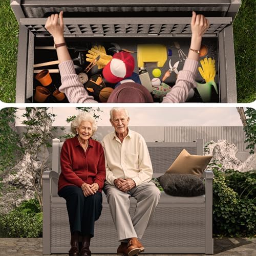 PatioZen 80 Gallon Outdoor Storage Bench Deck Box, Grey