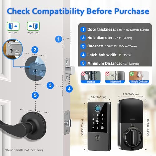 Smart Door Lock Deadbolt, Keyless Entry Door Lock with Fingerprint & Keypad,App Control,Auto Lock,Secure Electronic Digital Lock for Front Door Home Apartment Rental,Easy Installation,Matte Black