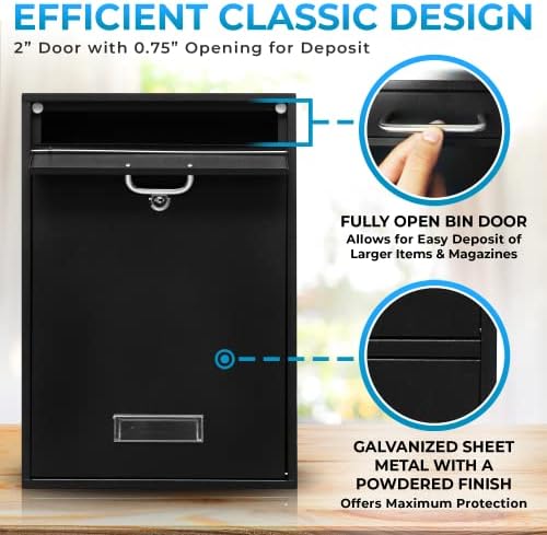 Wall Mounted Locking Vertical Dropbox Mailbox - Safe and Secure (Large) | Made with Galvanized Steel (Black)