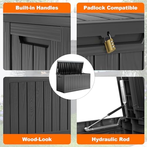 PatioZen 90 Gallon Resin Deck Box, Lockable Patio Outdoor Storage Box for Furniture, Garden Tools and Tools Storage, Waterproof Outside Storage Box - Black